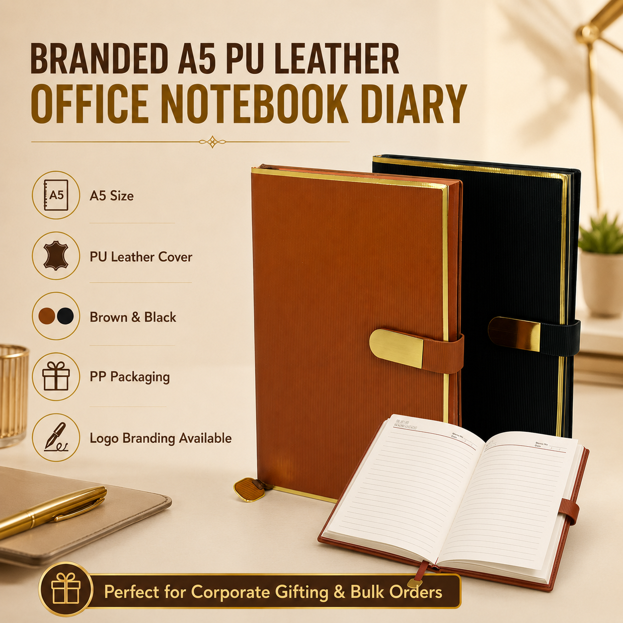 D8 Branded A5 PU Leather Office Notebook Diary